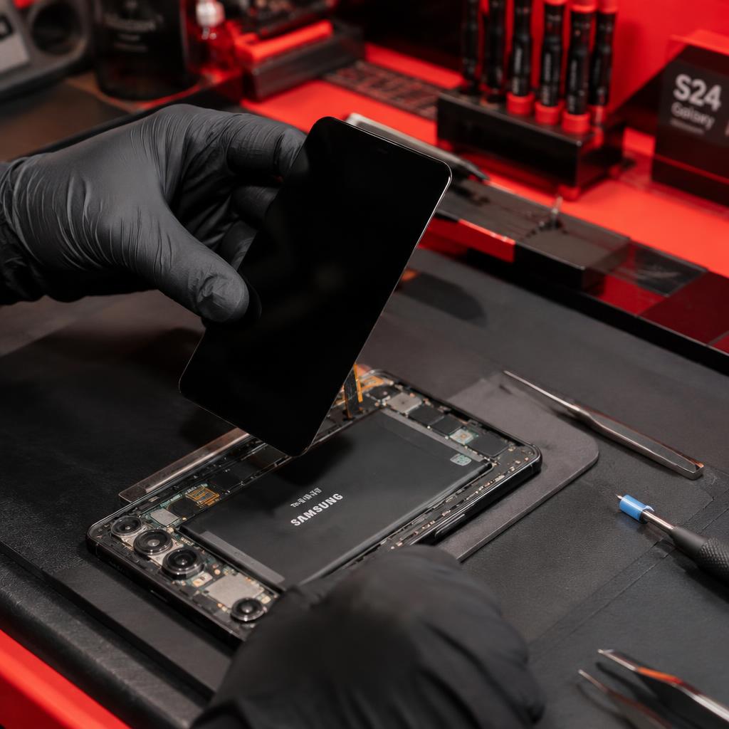 Technician replacing the screen on a Samsung Galaxy S24 at Dr. Mobile ProFix Edmonton